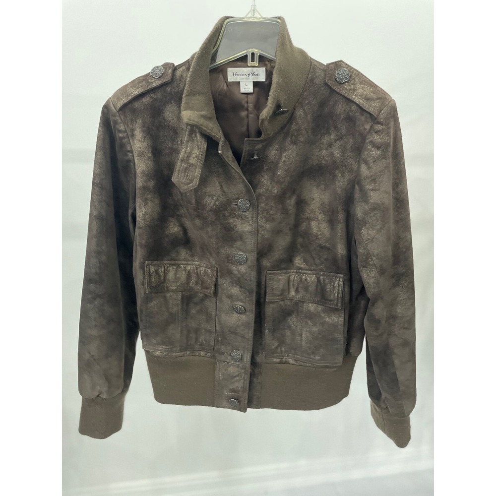 Preston & York Women's Genuine Leather Brown Metallic Bomber Mom Jacket Vintage
